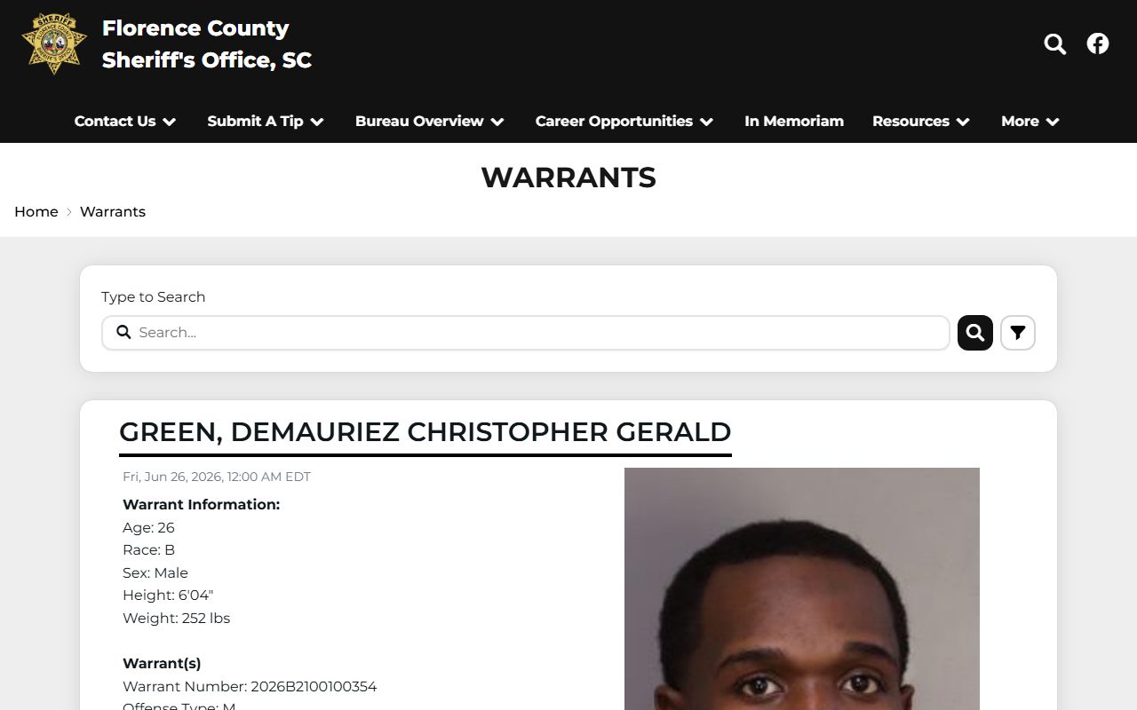 Florence County warrants and court records after jail arrest digest cards