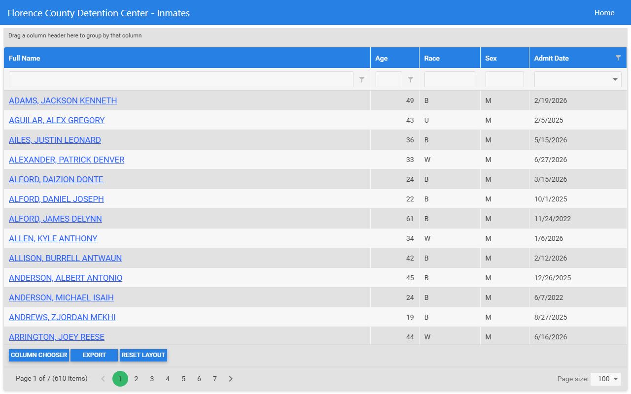 Florence County inmate records current inmates roster grid