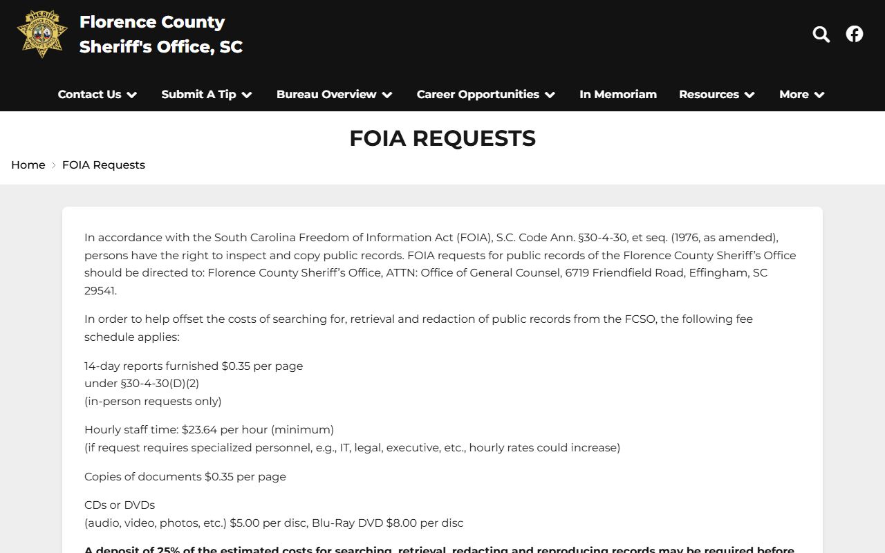 Florence County jail mugshots FCSO FOIA request page for booking photos