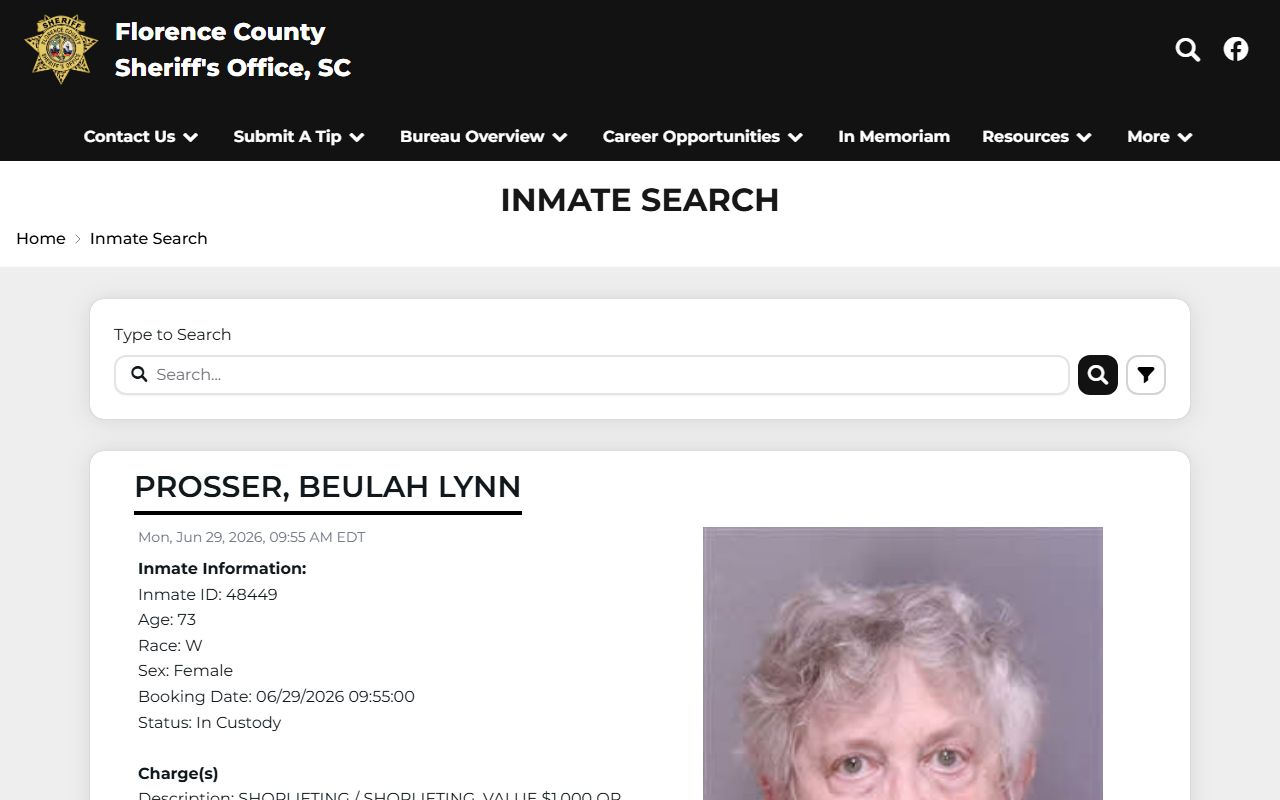 Florence County inmate population FCSO inmate search feed with booking cards