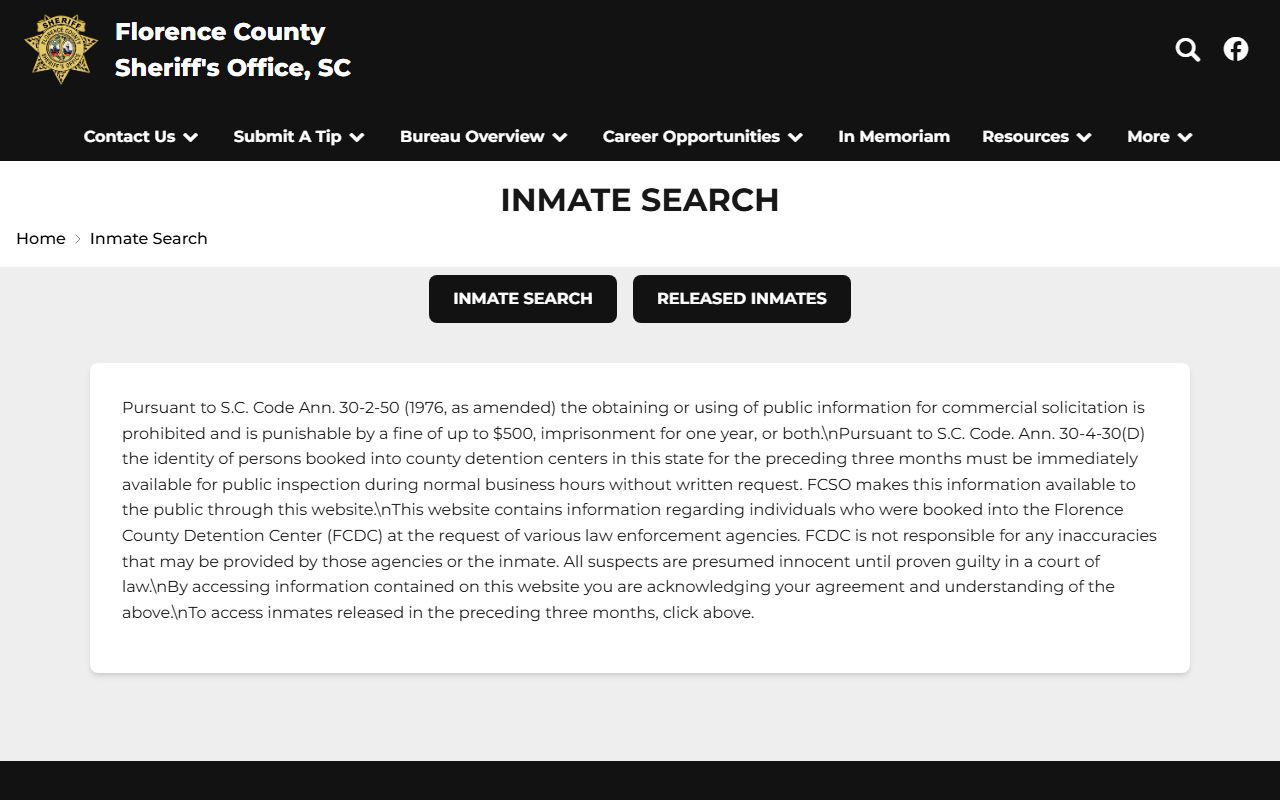 Florence County inmate records FCSO inmate search landing page