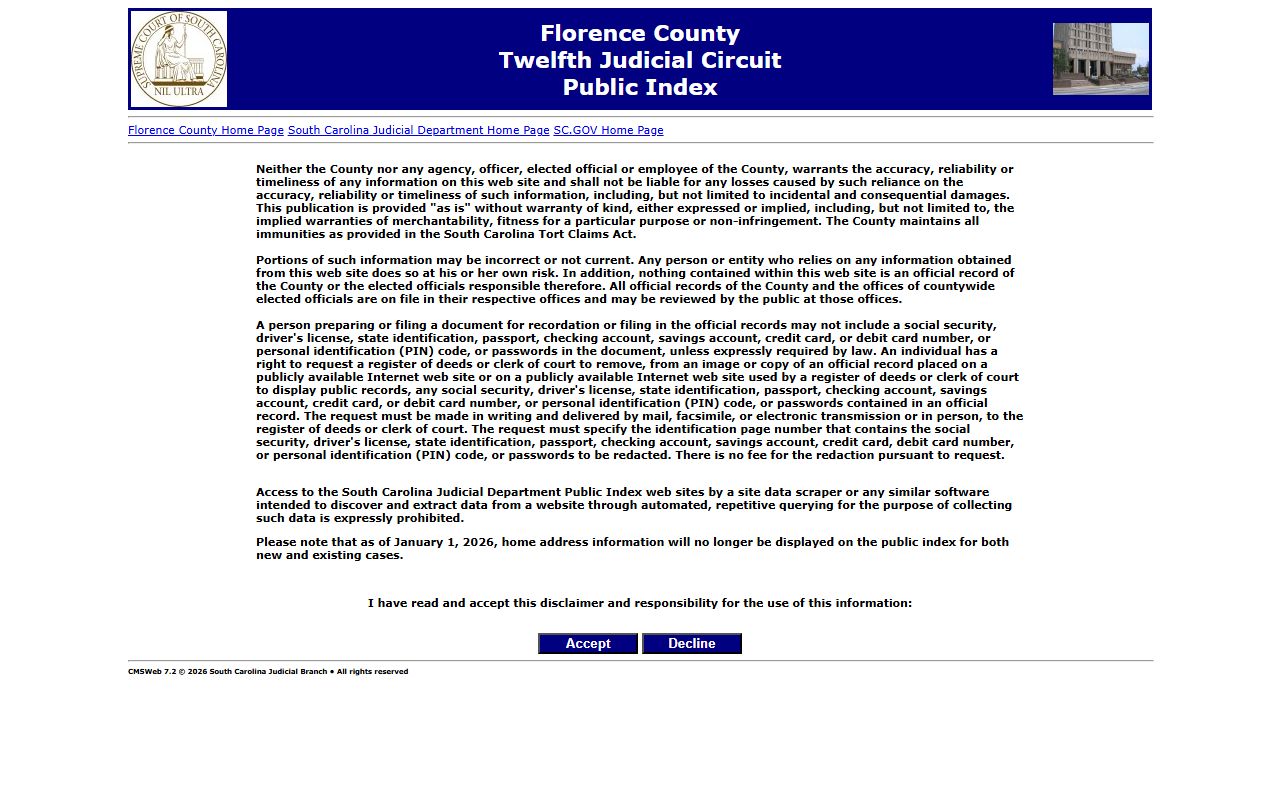 Florence County court records after jail arrest Public Index search portal
