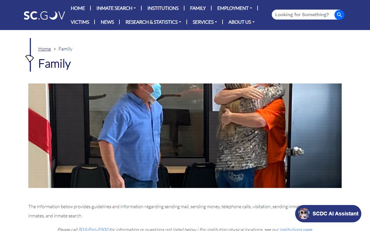 Palmer Pre-Release Center SCDC visitation and family information page