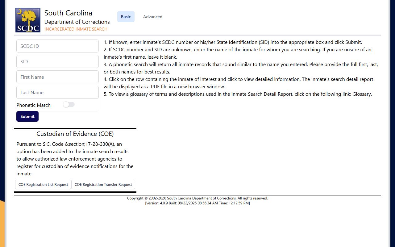 Palmer Pre-Release Center inmate lookup SCDC public locator interface